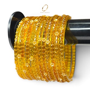 Bracelets en verre traditionnels kashmiris jaunes en forme de goutte de pluie avec pierres scintillantes, bijoux kashmiris, bracelets en verre en gros pour femmes - Product Image 1