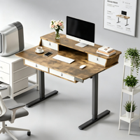 Bureau debout électrique PRORIALS en métal avec plateau en bois, hauteur réglable, 4 tiroirs, étagères doubles de rangement, table de bureau à domicile
