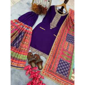 Ensemble haut, pantalon palazzo et dupatta en soie chinon pure pour les occasions spéciales, taille 2XL - Product Image 2