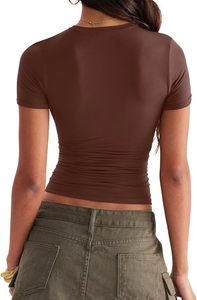 T-shirt court marron froncé à manches courtes et col rond pour femme, coupe ajustée, décontracté, en tricot de coton et élasthanne, Printemps-Été - Product Image 5