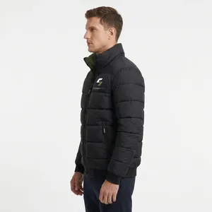 Men's Black Puffer Jacket Stand Collar Zipper Closure Windproof Casual Winter 100% Polyester Solid Color - Product Image 6