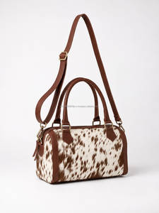 <b>Real</b> Cowhide <b>Leather</b> Speedy Bag Western Travel <b>Handbag</b> Vintage Brown Trim Top Handle Boston Duffel Purse Fashion Cowgirl Bag - Product Image 3