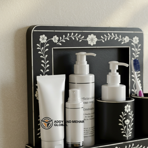 Organizador de baño floral negro, estante de pared decorativo de madera, juego de almacenamiento para baño con soporte para cepillos de dientes - Product Image 6