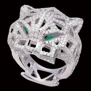 Iced Out Panther Head Moissanite <b>Ring</b> With <b>Green</b> Stone Eyes And Detailed Openwork Luxury Statement Design - Product Image 1