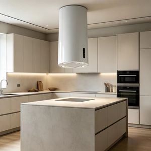 <span class=keywords><strong>Hotte</strong></span> <span class=keywords><strong>de</strong></span> <span class=keywords><strong>cuisine</strong></span> cylindrique blanche moderne à montage en îlot au plafond, avec éclairage LED à aspiration puissante, personnalisation OEM pour conception <span class=keywords><strong>de</strong></span> <span class=keywords><strong>cuisine</strong></span> ouverte - Product Image 4