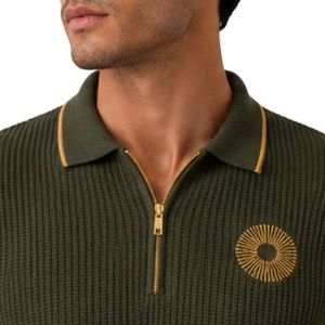 Olive Green Men Knitted <b>Polo</b> Shirt Gold Zipper Short Sleeve Luxury Casual Summer Top Textured Fabric Custom Designer Golf Shirt - Product Image 5