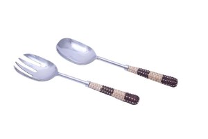 Latest Design 18/8 Stainless Steel <b>Salad</b> Servers Set With Rattan Woven Handles Eco-Friendly Kitchen Utensils At Best Price - Product Image 2