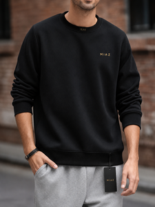 เสื้อสเวตเชิ้ตคอกลมสีดำสำหรับผู้ชาย MIAZ ทรงปกติ สีพื้น ผ้าถักเนื้อฝ้าย ใส่สบายในฤดูหนาว แห้งเร็ว ไม่หดตัว - Product Image 1