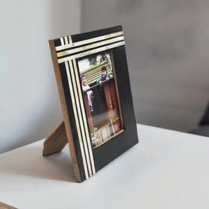 Modern Resin Photo <b>Frame</b> Rectangular Tabletop Vertical Handmade Black with Cream Stripes - Product Image 1