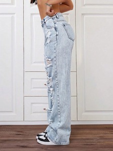 Pantalon en jean 100 % coton coupe droite mi-haute pour femme, respirant, style streetwear, poches avant, design personnalisé, prix abordable, vente en gros - Product Image 6
