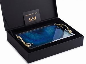 Plateau de service en résine bleue de qualité supérieure avec poignées dorées, finition métallique polie, motif marbré, pour une table élégante et un cadeau haut de gamme - Product Image 5