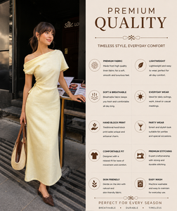 Robe longue asymétrique jaune élégante à une épaule, froncée, mi-mollet, en coton, taille naturelle, pour femme, idéale pour les fêtes - Vente en gros - Product Image 3
