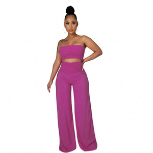 Ensemble décontracté printemps-été pour femme : haut court bustier blanc en tricot extensible et pantalon large taille haute à cheville - Product Image 5