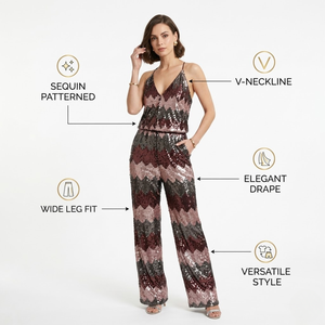 Women’s Sequin Halter Neck <b>Jumpsuit</b> | <b>Sparkly</b> Party Romper, Sleeveless V-Neck, Wide Leg | Cocktail Clubwear Elegant Playsuit - Product Image 5