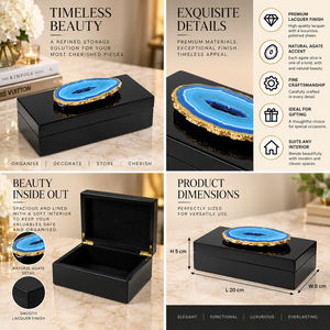 Boîte de rangement pour bijoux en verre noir agate saphir avec accent en pierre naturelle, finition brillante, doublure douce, organisateur décoratif pour souvenirs - Product Image 6