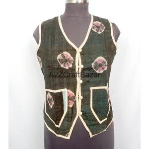 Handmade Vintage <b>Kantha</b> Quilted Printed Logo Floral 100% Pure Cotton Breathable Spring/Autumn Vest Women Boho Style Regular - Product Image 1