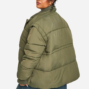 OEM Women's Oversized Puffer Jacket Olive Green Cotton Padded <b>Waterproof</b> <b>Winter</b> <b>Coat</b> Embroidery Pearls Utility Pockets High Neck - Product Image 5