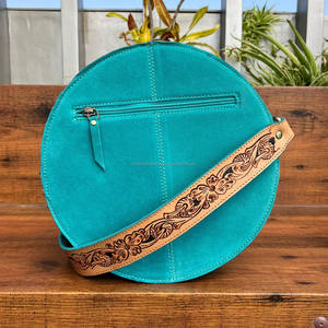 Vintage New Design Customized Boot Stitch Suede Leather Circle Crossbody Bag High Quality Hand Tooled Round Custom Women's Purse - Product Image 5