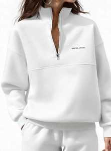 Sudadera Blanca de Felpa Francesa con Media Cremallera, Cuello Alto, Logotipo Frontal, Estilo Casual, Unisex, Otoño, Impresión Digital - Product Image 6