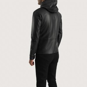 Veste en cuir noire à capuche pour homme, coupe ajustée, fermeture éclair sur le devant, style moto, manches classiques, couleur unie, vêtement d'extérieur en cuir véritable, pour l'automne - Product Image 5