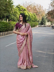 Designer Embroidery And Sequence Work Fandy <b>Satin</b> Silk <b>Saree</b> With Multi Sequence Embroidery Work Unstitched Blouse - Product Image 2
