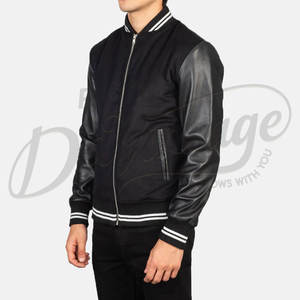 Veste varsity en laine noire pour homme avec manches en cuir véritable et poignets côtelés rayés, veste bomber premium de style Letterman - Product Image 5