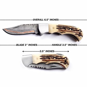 Couteau de poche pliant artisanal en acier Damas cuivré, manche en bois de cerf, étui en cuir, couteau de survie et de chasse pour l'extérieur - Product Image 3