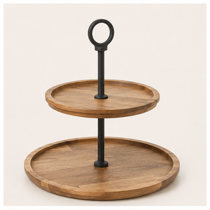 Eco-Friendly 2-Tier Acacia Wood Cake <b>Stand</b> with Matte Black Metal Handle <b>Cupcake</b> Display <b>Stand</b> and Serving Tray for Weddings - Product Image 4
