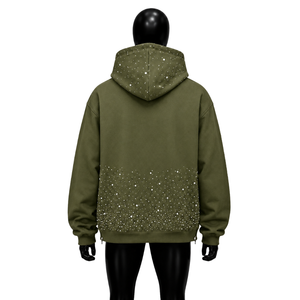 Sudadera con capucha para hombre, color verde oliva, con pedrería, con cremallera completa, estilo oversize, streetwear, casual, unisex, al por mayor - Product Image 2