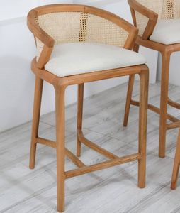 Natural Teak Wood Bar <b>Stool</b> <b>with</b> Rattan <b>Back</b> – Modern Upholstered Counter Chair for Restaurant Cafe & Bar - Product Image 1