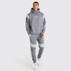 <b>Mens</b> Solid Grey with Contrast Light Grey Panels Custom Logo <b>Pullover</b> Hoodie and Matching Jogger Sweatpants Tracksuit OEM ODM - Product Image 1