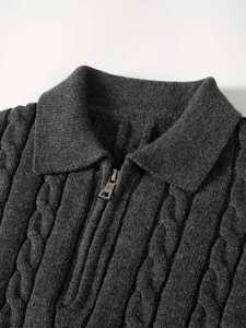 Pull en maille torsadée acrylique personnalisé pour homme, col montant zippé, manches longues, décontracté, bleu marine, tricot d'hiver, haut OEM - Product Image 3