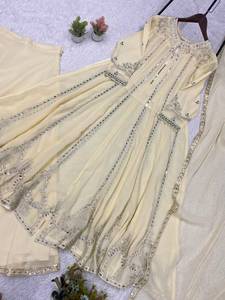 Cream Embroidered Anarkali Evening <b>Dress</b> Long Sleeve Maxi Party Wear Women - Product Image 5