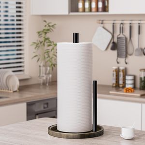 Luxury Wooden <b>Kitchen</b> Roll Holder with Black Metal Rod Modern Countertop <b>Paper</b> Towel Stand - Product Image 5