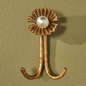 Gold Pearl Flower Wall <b>Hook</b> Metal Floral Shaped Double Coat Hanger Decorative Utility <b>Hook</b> For Entryway <b>Kitchen</b> Bathroom Decor - Product Image 1