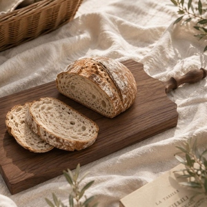 Planche à découper vintage en bois de noyer, avec une structure artisanale et une poignée élégante à embout en forme de tige, idéale pour couper les légumes. - Product Image 6