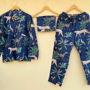 Cotton Block Print <b>Pyjamas</b> Dress Set Handmade Bohemian Floral Soft 2-Piece Long Sleeves Full Length Casual Spring <b>Summer</b> Daily - Product Image 1