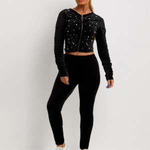 Ensemble de survêtement en velours pour femmes grandes tailles, pantalon long, fermeture éclair, col rond, manches longues, couleur unie, streetwear, vêtements d'hiver - Product Image 2