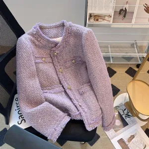Vintage Purple Tweed Women's O-Neck Single-Breasted Cropped Jacket Korean Style Elegant Autumn Winter - Product Image 1