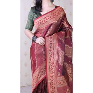 Saris et robes élégantes en soie douce maroon Elite Weaves, tissées Bandhani Leheriya Zari - Product Image 2