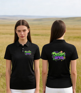 Women's Black Polo Shirt Custom Logo Print Short Sleeve Casual 100% Polyester Oxford Fabric Breathable Design Area Pattern - Product Image 2
