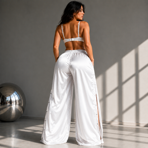 Pantalon large en satin de soie uni pour femme Leather Spot - Écologique, respirant, séchage rapide, fermeture à cordon, taille élastique, coupe ample - Product Image 4