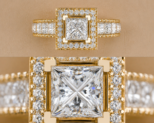 Bague de fiançailles avec halo de diamants cultivés en laboratoire |   Or jaune |   Centre de taille princesse avec double halo et pierres latérales |   Demande en mariage - Product Image 5