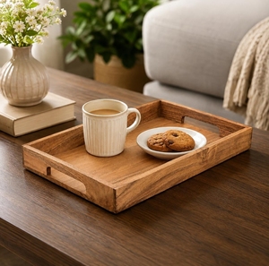 Polished <b>Wooden</b> Serving <b>Tray</b> <b>with</b> Built-in <b>Handles</b>, Rectangular Wood <b>Tray</b> - Product Image 5