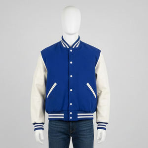Veste de sport bleue pour homme avec manches crème, col rabattu, fermeture boutonnée, style preppy, vêtement d'automne - Product Image 1