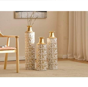 Stunning trio of tall gold-collared floor vases showcasing an exquisite textured <b>mosaic</b> pattern style, at wholesale price. - Product Image 1