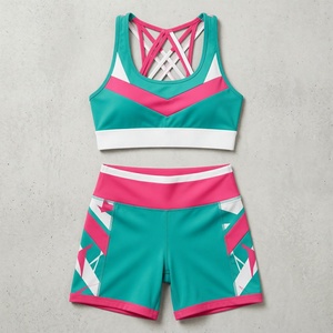 Conjunto de yoga de 2 piezas para mujer, estampado geométrico, sujetador deportivo con espalda cruzada, pantalones cortos de cintura alta, ropa deportiva de secado rápido - Product Image 1
