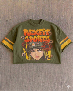 เสื้อยืดโอเวอร์ไซส์สีดำล้างสีสไตล์สตรีทแฟชั่น คอโอ แบรนด์ REXFIT SPORTS สำหรับผู้ชาย ผ้าฝ้าย พิมพ์ลายตามสั่ง - Product Image 2