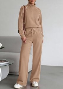 Ensemble sweat-shirt beige à demi-zip coupe ample en tricot couleur unie décontracté pour l'automne avec poches et pantalon à cordon de serrage - Product Image 4
