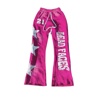 Pantalon de survêtement bleu évasé pour homme, imprimé étoiles et lettrage craquelé, style streetwear, joggers épais, vente en gros - Product Image 3